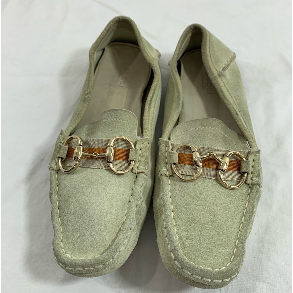 Vintage ladies GUCCI beige suede horsebit loafers shoes  38 8G